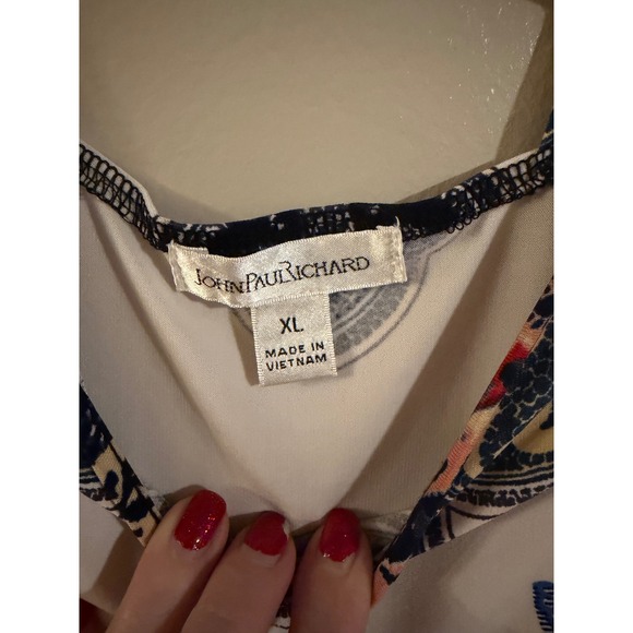 JOHN PAUL RICHARD Womens XL Paisley Lattice Back Short Sleeve Dress Red Blue - Picture 3 of 6